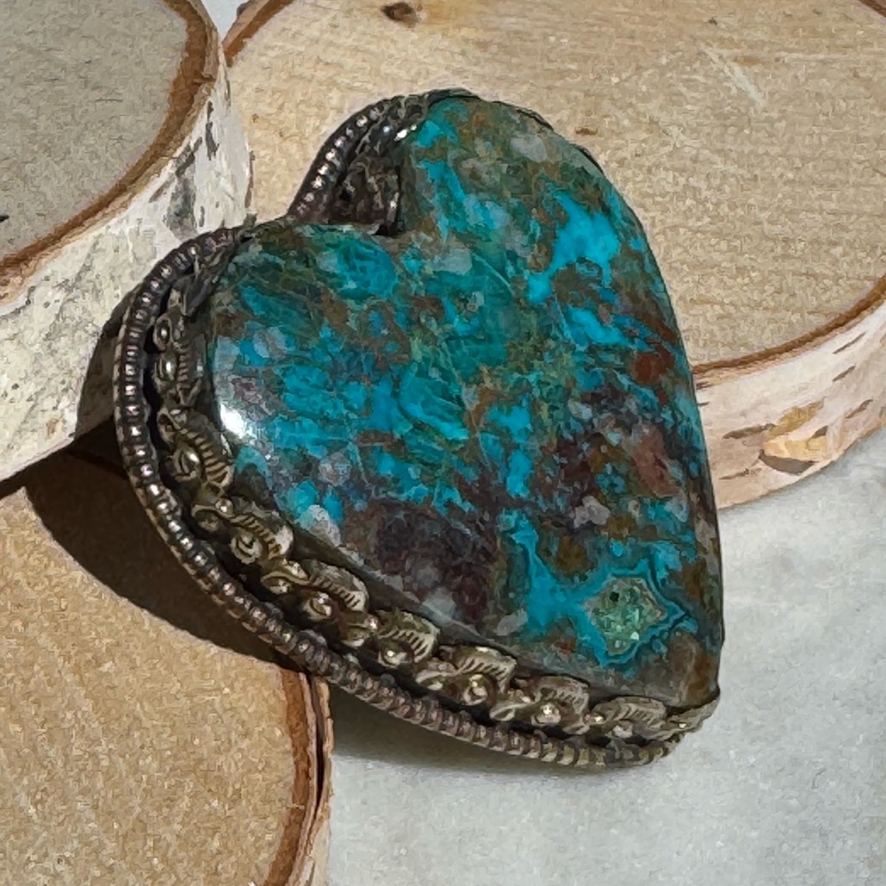 Handcrafted Chrysocolla Heart Adjustable Ring – approximately 1.5” in size.